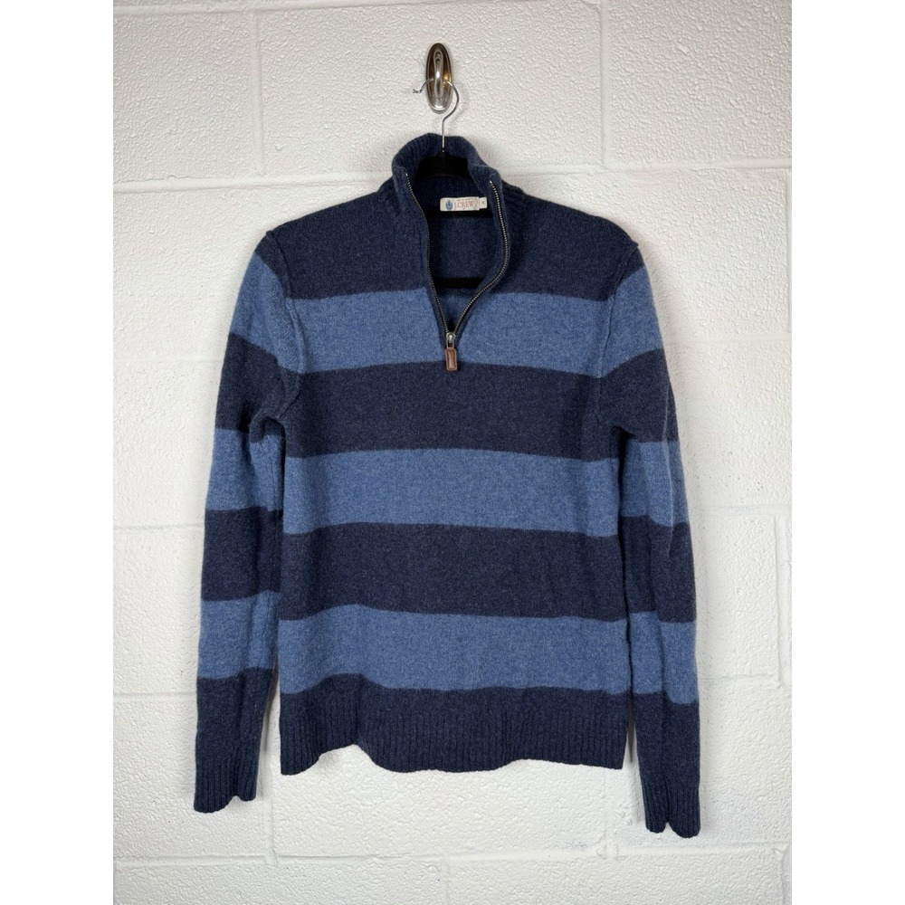 FLAW J.Crew Lambs Wool 1/4 Zip Sweater Blue Stripe M Shrunken to Small *Hole*